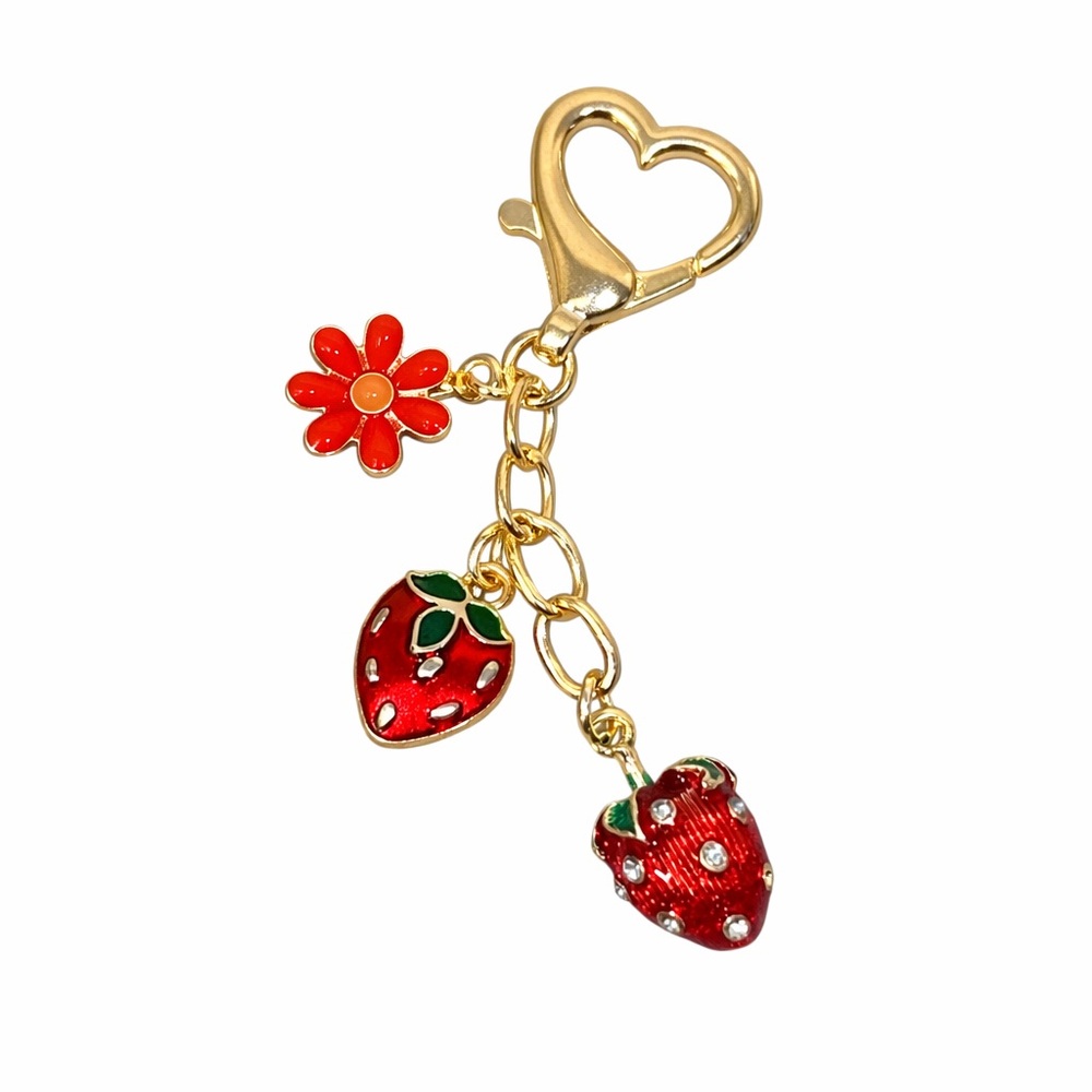Gold Heart Clip Strawberry & Flower Charm Keychain - Red